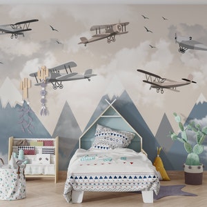 Airplane Wallpaper, Mountain Wallpaper, Boho Wallpaper Kids, Kids Room Wallpaper, Peel and Stick Wallpaper Kids, Removable Wallpaper