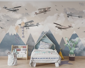 Airplane Mountain Wallpaper: Boho Kids Room Decor, Peel and Stick