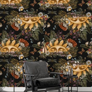 Dark Botanical Wallpaper: Vintage Mushroom Fern Forest Peel and Stick