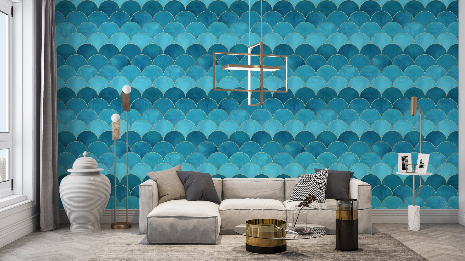 Blue and Gold Wallpaper Wave Wallpaper Art Deco Wallpaper Etsy