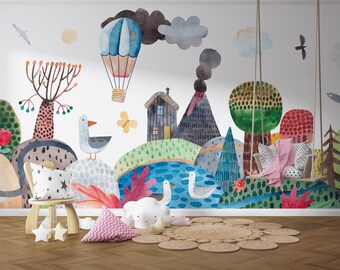 Landscape Wall Mural, Watercolor Wallpaper, Mountain Wallpaper, Removable Wallpaper Kids, Scenic Wallpaper, Nursery Wallpaper