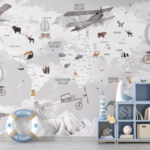 World Map Wallpaper, Hot Air Balloon Wallpaper, Airplane Wallpaper, Kids Room Wallpaper, Self Adhesive Wallpaper, Playroom Wallpaper