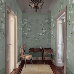 Green Chinoiserie Wallpaper Cherry Blossom, Vintage Chinoiserie Peel and Stick Wallpaper with Birds, Cherry Blossom Chinoiserie Wall Mural