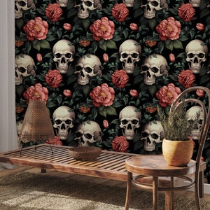 May include: A black background with a repeating pattern of white skulls and pink flowers. The skulls are stylized and have a vintage look. The flowers are a deep pink and have a realistic look. The pattern is perfect for a gothic or vintage aesthetic.