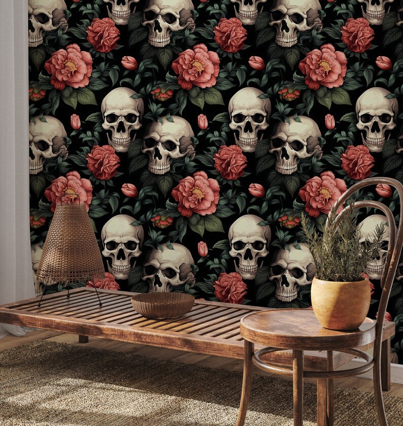 May include: A black background with a repeating pattern of white skulls and pink flowers. The skulls are stylized and have a vintage look. The flowers are a deep pink and have a realistic look. The pattern is perfect for a gothic or vintage aesthetic.