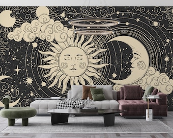 Astrology Wallpaper, Dark Wallpaper, Moon and Sun Pattern Cloud Wallpaper, Peel and Stick Wallpaper, Wallpaper Mural, Boho Wallpaper