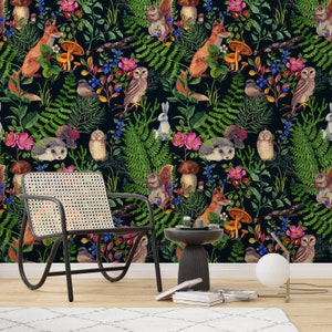 Woodland Wallpaper, Forest Wallpaper, Mushroom Wallpaper, Dark Wallpaper, Botanical Wallpaper,  Boho Wallpaper, Peel and Stick Wallpaper