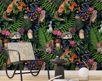 May include: A black and white wallpaper featuring a repeating pattern of woodland creatures, including foxes, owls, squirrels, and hedgehogs. The animals are surrounded by green ferns, blue berries, and pink flowers.
