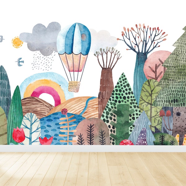 Hot Air Balloon Wallpaper, Fun Wallpaper, Watercolor Wallpaper, Mountain Wallpaper, Kids Room Wallpaper, Forest Wallpaper, Nursery Wallpaper