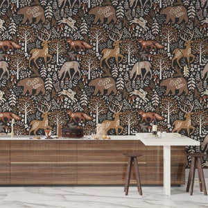Woodland Wallpaper, Scandinavian Wallpaper, Tree Wallpaper, Brown Wallpaper, Traditional or Self Adhesive Wallpaper, Animal Wallpaper