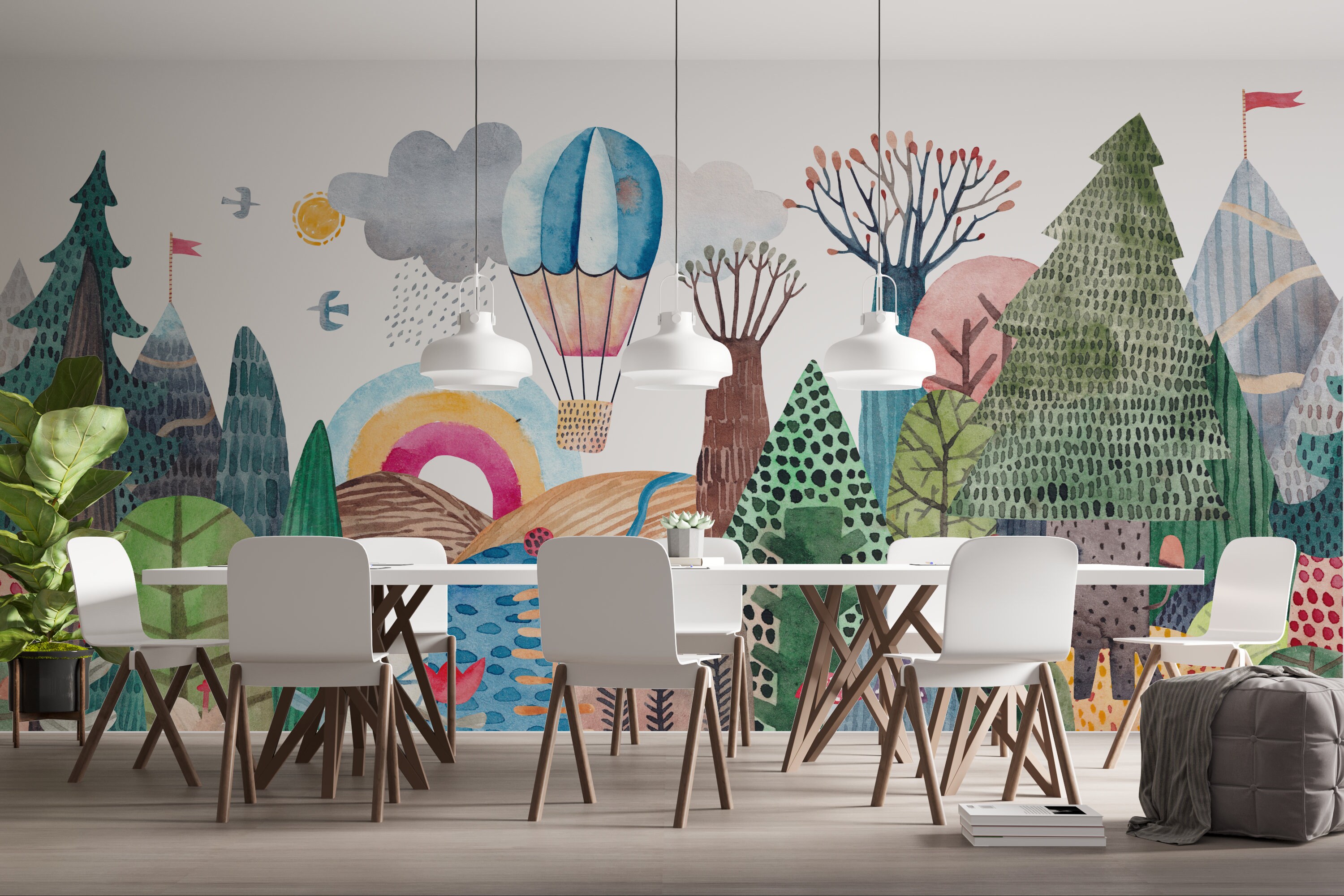 Watercolor Hot Air Balloon Wallpaper: Kids Forest Mountain Mural - Etsy