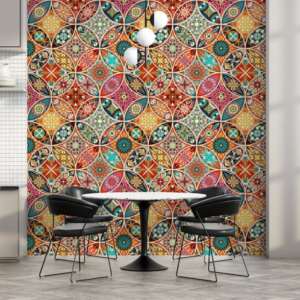 Vintage Wallpaper, Moroccan Wallpaper, Traditional or Self Adhesive Wallpaper, Colorful Wallpaper, Peel and Stick Mural, Vinyl Wallpaper