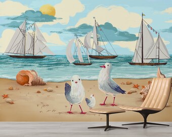 Illustration Wallpaper, Colorful Wallpaper, Sea Wallpaper, Birds Wallpaper, Nursery Wallpaper, Peel and Stick Wallpaper Kids