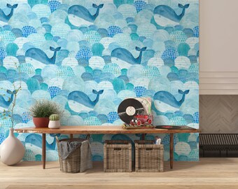 Watercolor Whale Wallpaper: Blue Waves, Self Adhesive, Removable