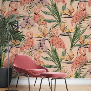 Flamingo Wallpaper, Tropical Wallpaper, Vintage Wallpaper, Temporary Wallpaper, Peel and Stick Wallpaper, Wall Paper, Boho Wallpaper