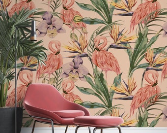 Tropical Flamingo Wallpaper: Vintage Style, Peel and Stick