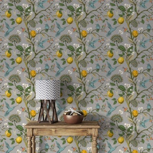 Lemon Wallpaper, Leaves Wallpaper, Removable Wallpaper, Peel and Stick Wallpaper, Forest Wallpaper, Vintage Wallpaper