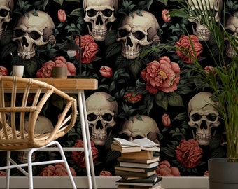 Dark Floral Wallpaper Peel and Stick Peony Wallpaper, Floral Skull Wallpaper, Gothic Wallpaper Vintage,  Dark Gothic Wallpaper Skeletons