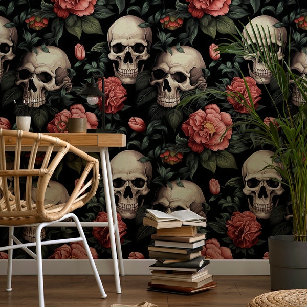 Dark Floral Wallpaper Peel and Stick Peony Wallpaper, Floral Skull Wallpaper, Gothic Wallpaper Vintage,  Dark Gothic Wallpaper Skeletons