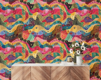 Colorful Abstract Wave Wallpaper, Boho Chic Wall Mural Peel and Stick, Removable Wallpaper, Vibrant Art Design, Kids Room, Living Room Decor