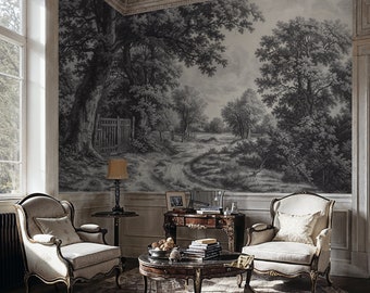 Monochrome Landscape Wallpaper Mural: Vintage Country Scene Peel and Stick