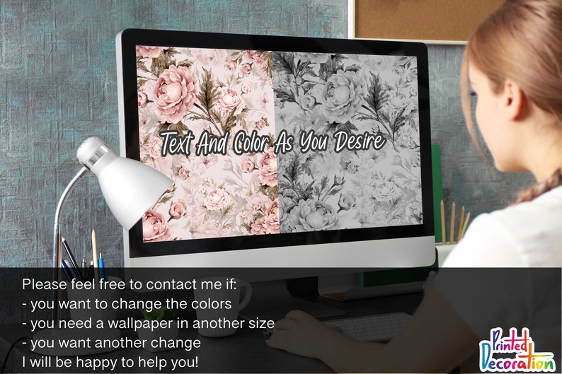 May include: A computer screen displaying a floral wallpaper design with the text "Text And Color As You Desire". The wallpaper is shown in two versions, one in color and one in black and white.