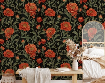 Dark Floral Peel and Stick Wallpaper: Vintage Red Flower Mural