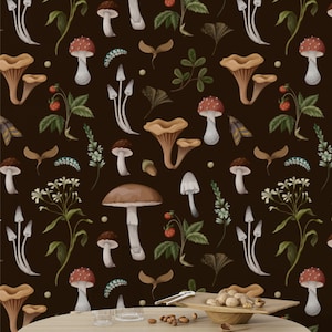 Autumn Mushroom Wallpaper Peel and Stick, Dark Wallpaper, Removable Wallpaper, Funky Wallpaper, Woodland Wallpaper, Renters Wallpaper