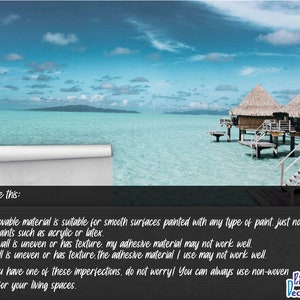 May include: A tropical beach scene with overwater bungalows and a turquoise blue ocean. The sky is a bright blue with white clouds. The image is suitable for use as a wallpaper.