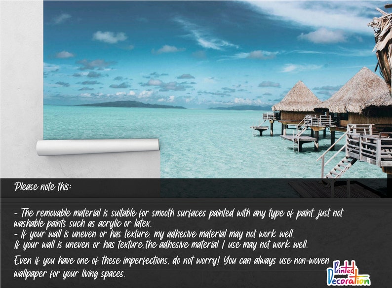 May include: A tropical beach scene with overwater bungalows and a turquoise blue ocean. The sky is a bright blue with white clouds. The image is suitable for use as a wallpaper.