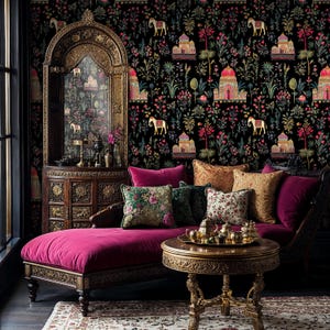 Indian Peel and Stick Wallpaper, Dark Wallpaper, Bohemian Wallpaper, Indian Wall Mural, Highly Detailed Wallpaper For a Vintage Look
