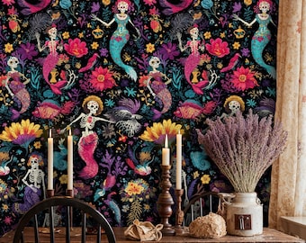 Skeleton Mermaid Wallpaper: Whimsical Ocean Theme Peel and Stick