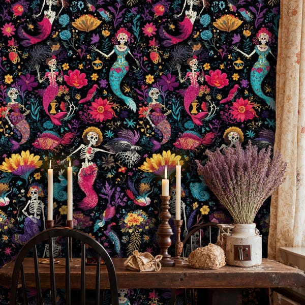 Skeleton Mermaid Wallpaper: Whimsical Ocean Theme Peel and Stick