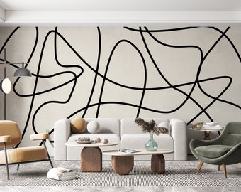 Abstract Lines Wallpaper Mural: Beige & Black, Peel and Stick