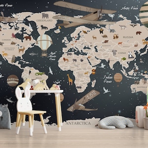 Cute World Map with Hot Air Balloons, Wallpaper Kids, World Map Wall Mural, Airplane Wallpaper, Peel and Stick Wallpaper Kids