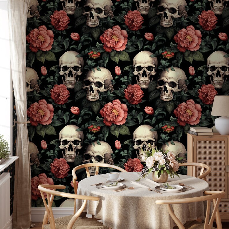 May include: Black and white skull and floral wallpaper with a dark background. The wallpaper features a repeating pattern of skulls and red roses.
