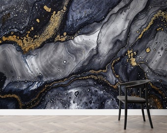 Dark Marble Peel and Stick Wallpaper: Gold Accent Abstract Mural