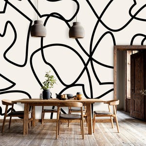 Abstract Line Peel and Stick Wallpaper,Black and White Wallpaper, Modern Monochrome Wall Art, Modern Minimalist Wallpaper,Neutral Boho Mural