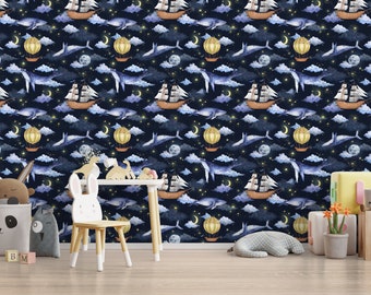 Fish Wallpaper, Watercolor Wallpaper, Sea Wallpaper, Nursery Wallpaper, Marine Animals on Dark Wallpaper, Removable Wallpaper Kids