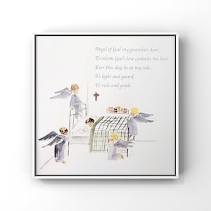 May include: Framed watercolour print with a poem and angel illustrations. The artwork shows angels around a bed, a cross, and the text "Angel of God my guardian dear..." in a white frame.