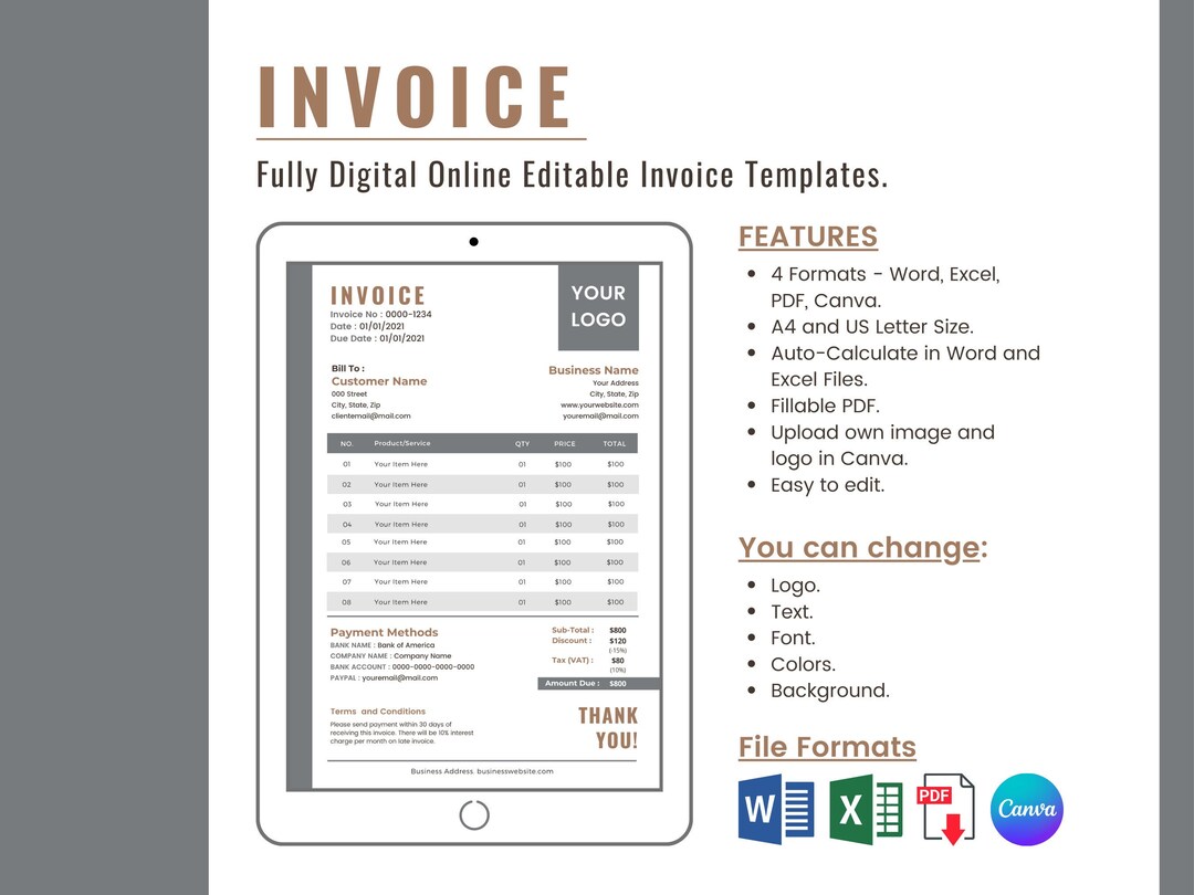Invoice Template, Customise and Edit Digital&amp;printable Business Form ...