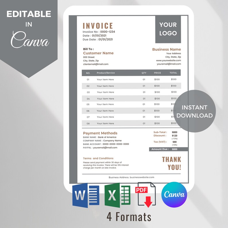Invoice Template, Customise and Edit Digital&amp;printable Business Form ...