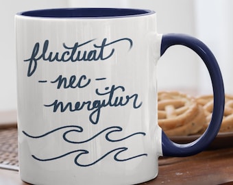 Fluctuat Nec Mergitur Latin Phrase Coffee Mug, Gift for Teacher Language Professor Linguist or Language Nerd, Dark Academia Blue Tea Mug
