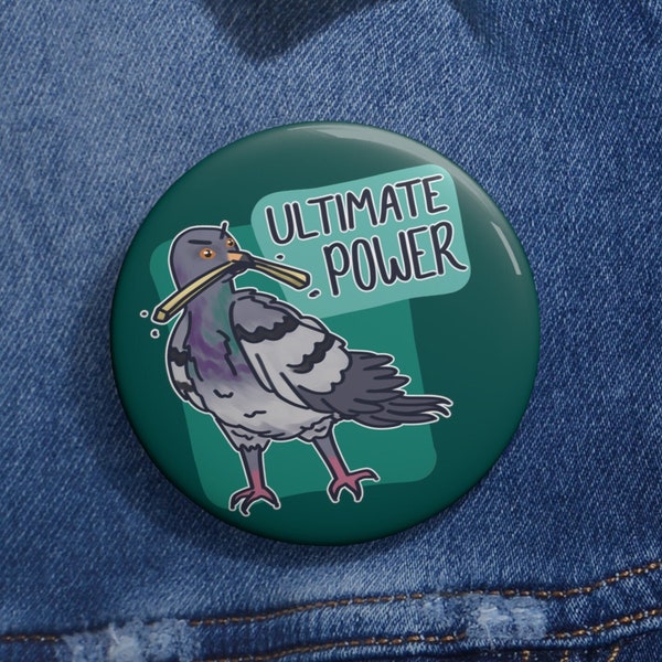 Ultimate Power Funny Pigeon with French Fry Pin Button, Funny Animal Meme Pins for Bags and Jackets, Weird Small Gift for Bird Lover