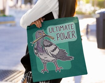 Puede incluir: Una bolsa de tela verde con un dibujo de una paloma que sostiene un palo en su pico. La bolsa tiene el texto "ULTIMATE POWER" impreso.