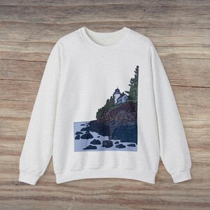 Lighthouse Cliff Nautical Seascape Sweatshirt, Nature Landscape New England Maine Sweat Shirt, Ocean Sailing Illustration Sweater Winter Top