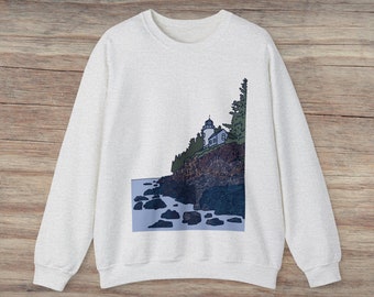 Lighthouse Cliff Nautical Seascape Sweatshirt, Nature Landscape New England Maine Sweat Shirt, Ocean Sailing Illustration Sweater Winter Top