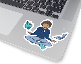 Laptopklistermärke med mediterande kodare, programmerare, liten present till mjukvaruutvecklare, systemadministratörer, hackare och tekniknördar, nördigt vinylklistermärke