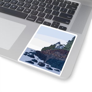 Leuchtturm Klippe Nautische Meerlandschaft Aufkleber, Natur Landschaft New England Küste Maine Vinyl Laptop Aufkleber, Ozean Segeln Illustration