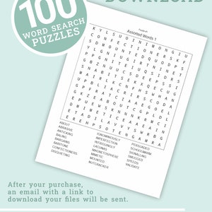 May include: A black and white printable word search puzzle with the text "100 Word Search Puzzles" and "Instant Download" in a green circle. The puzzle is labeled "Puzzle #1 Assorted Words 1".